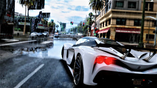 White sports car rainy city - photorealistic lighting free wallpaper