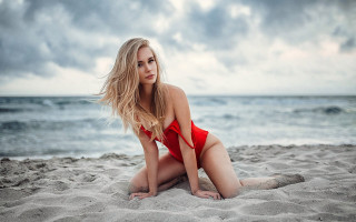 Woman beach redbikini ocean clouds - a red bikini free wallpaper for desktop