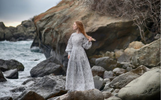 Woman rocks ocean dress nature - pre free wallpaper