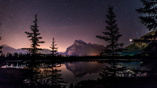 Night mountain lake trees starry - a night scene free wallpaper