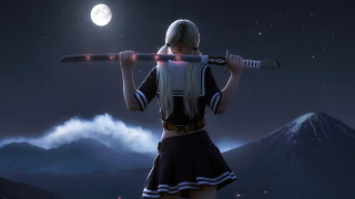 Woman mountain fullmoon ski pole - cinematic matte painting free wallpaper for desktop
