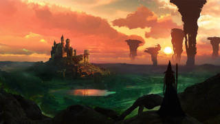 Fantasy castle lake sunset clouds - andreas rocha free wallpaper