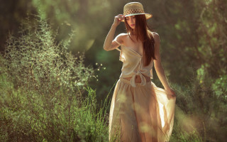 Woman hat dress field nature - a woman in a dress and hat free wallpaper