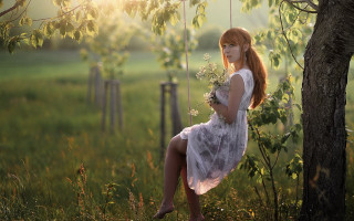 Woman white dress swing field 2 - anka zhuravleva free wallpaper