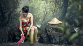 Woman red dress stream hat - a red umbrella free wallpaper