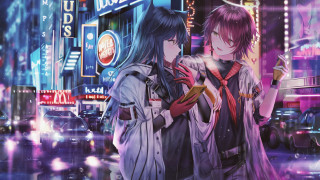 Neon street night rain arknights - the city free wallpaper