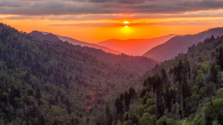 Sunset mountain range forest horizon - a sunset over a mountain range free wallpaper for desktop