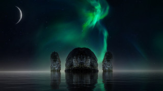 Aurora borealis moon reflection starry - a green aurora free wallpaper