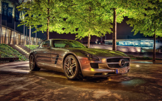 Mercedes sls night building tiltshift - chrome free wallpaper
