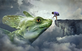 Cliff man giant lizard clouds - surreal photography free wallpaper