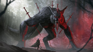 Man demon forest swords blood - his hand and a sword free wallpaper