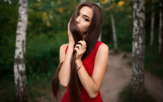 Woman red dress woods romantic - long dark hair free wallpaper