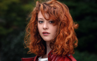 Red haired woman red jacket 2 - a green bush free wallpaper for desktop