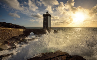 Lighthouse rocky shore wave sunset - the cloud above free wallpaper