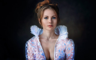 Woman blueeyes whitedress photorealistic digitalart - a black backdrop free wallpaper for desktop
