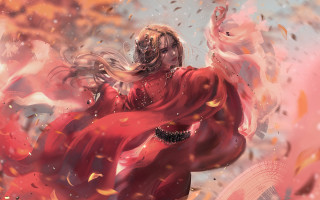 Red dress dancing rain autumn - stanley artgerm lau free wallpaper
