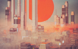 Orange sun city red circle - retrofuturism free wallpaper
