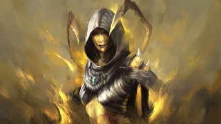Hooded sword burner fantasy armor - a painting of a person free wallpaper