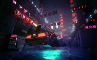 Futuristic city neon lights man - synthwave free wallpaper for desktop