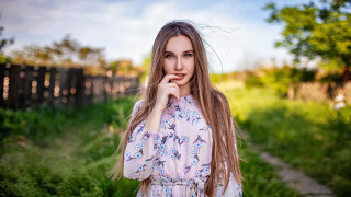 Woman dress field tree fence - a picture in a field free wallpaper