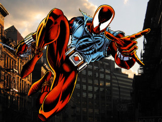 Cartoon man suit flying cell - his hand and a building in the background free wallpaper for desktop