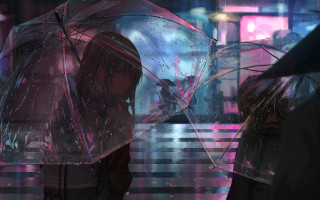 Rainy cyberpunk umbrella night neon - impressionism free wallpaper
