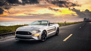 White mustang ocean sunset clouds - the side of the road near the ocean free wallpaper