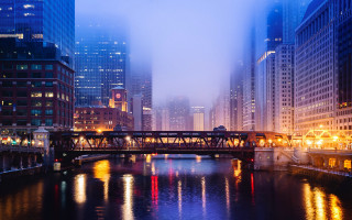 Cityscape bridge river night fog - the air above free wallpaper