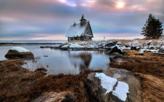 Church rocky shore lake cloudy - a rocky shore free wallpaper