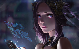 Blue eyes woman holding phone - the screen free wallpaper