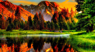 Mountain lake trees sunset reflection - a reflection of the mountain free wallpaper