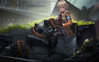 Futuristic woman sitting ledge gun - her hand and a suitcase free wallpaper