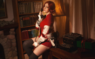 Woman red dress sitting library - a desk free wallpaper