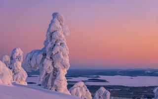 Snowy tree hill lake sunset - a hill free wallpaper