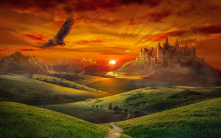 Castle bird sunset valley path - a painting of a castle free wallpaper