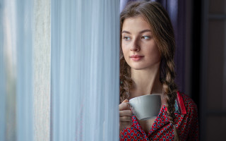 Woman coffee window curtains portrait - a curtain behind her free wallpaper
