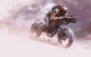 Snowy motorcycle hero armor gun - mars ravelo and greg rutkowski free wallpaper