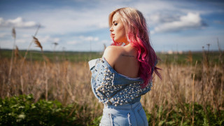 Pink hair field clouds fashion - free vintage wallpaper