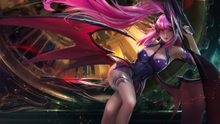 Pink hair demon girl sword - her hand and a building in the background free wallpaper