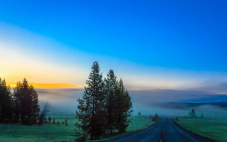Foggy road trees sky mountains - a foggy sky in the background free wallpaper