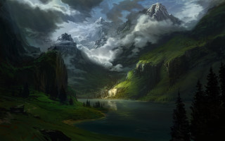 Mountain lake castle cloudy sky - christophe vacher free wallpaper