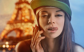 Eiffel tower woman phone paris - a green hat free wallpaper