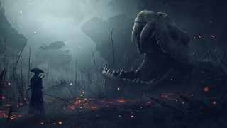 Man forest dinosaur fire weapon - a dark forest free wallpaper for desktop