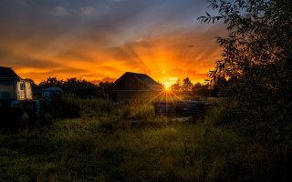 Sunset farm tractor barn bernd - bernd fasching free wallpaper for desktop