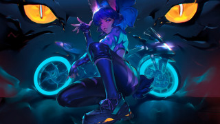 Futuristic woman motorcycle glowing eyes - a futuristic outfit free wallpaper