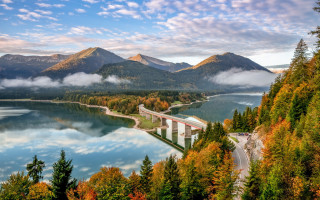 Scenic bridge lake mountains trees - scenic free wallpaper