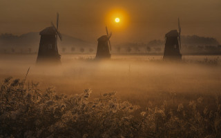 Foggy windmills sunset matte impressionism - a foggy field free wallpaper