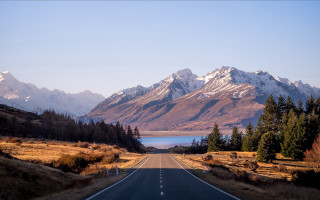 Mountain lake road forest sunset - bob thompson free wallpaper for desktop