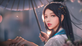 Woman umbrella blue ribbon fantasy - a blue ribbon free wallpaper