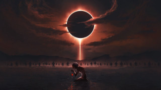 Woman kneeling giant object sky - a giant object in the background free wallpaper